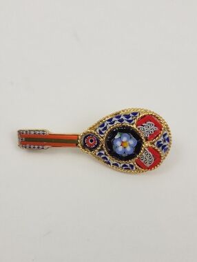 Enamel Micro Mosaic Flower Lute Brooch - Red, Blue, Black, Gold